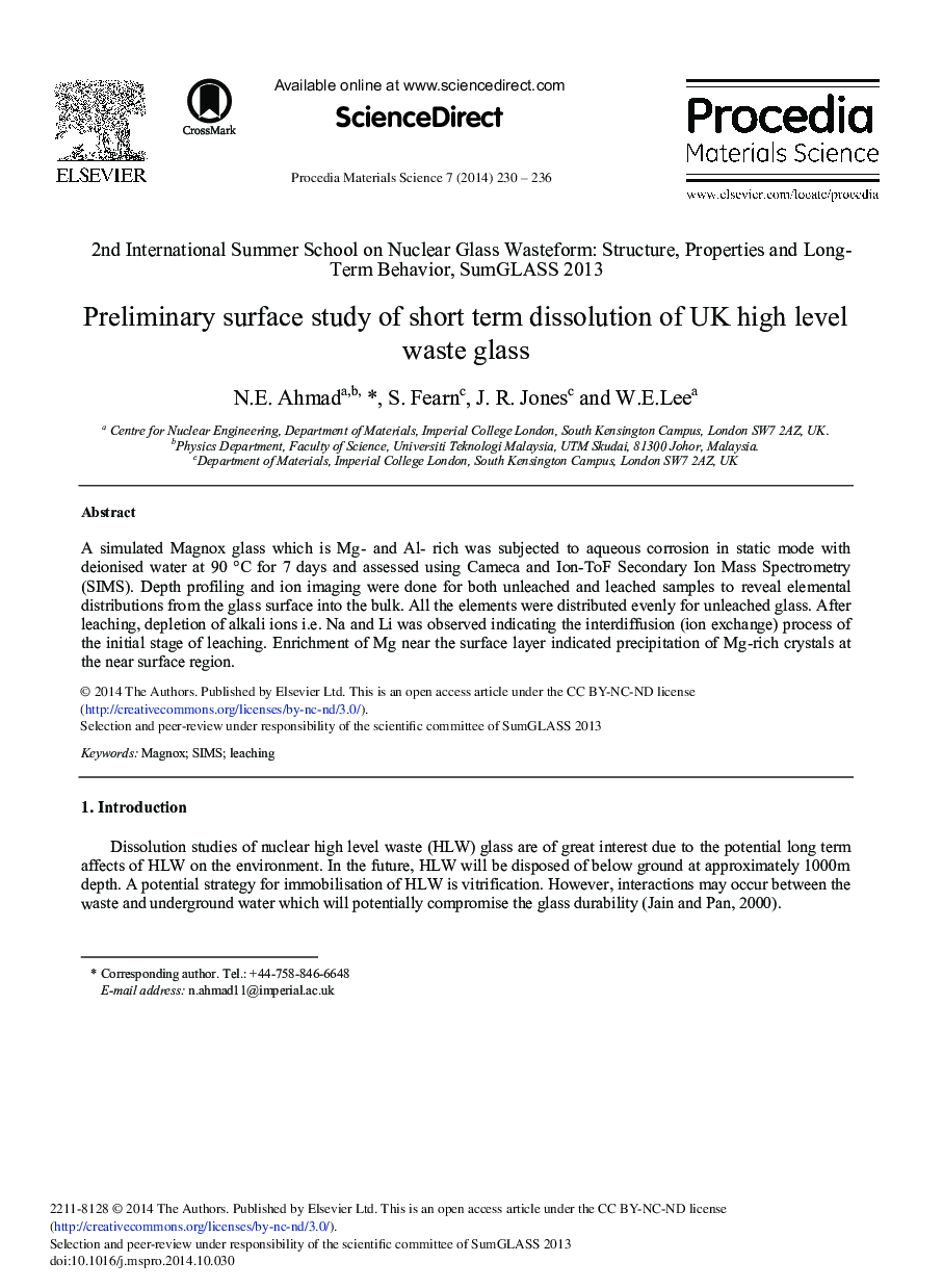 Preliminary Surface Study of Short Term Dissolution of UK High Level Waste Glass 