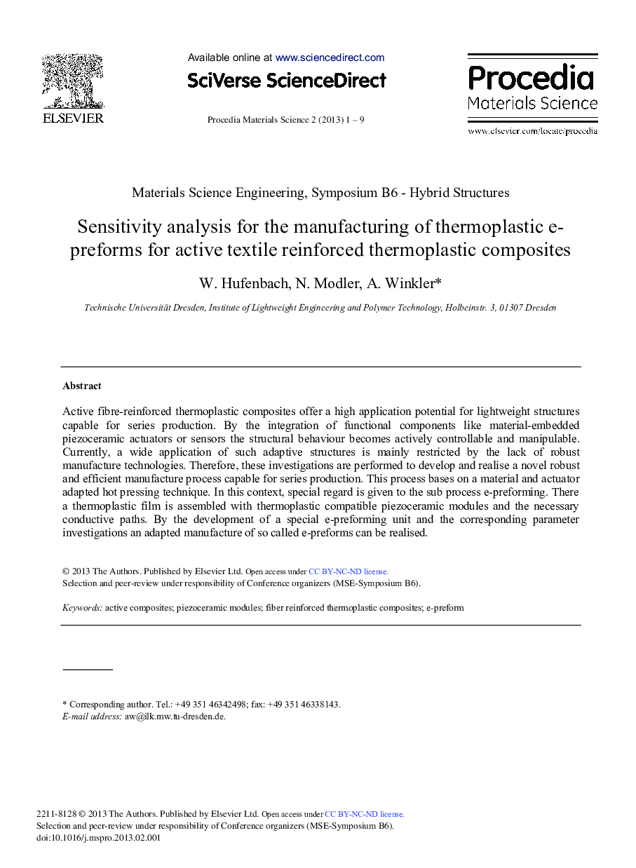 Sensitivity Analysis for the Manufacturing of Thermoplastic e-Preforms for Active Textile Reinforced Thermoplastic Composites 