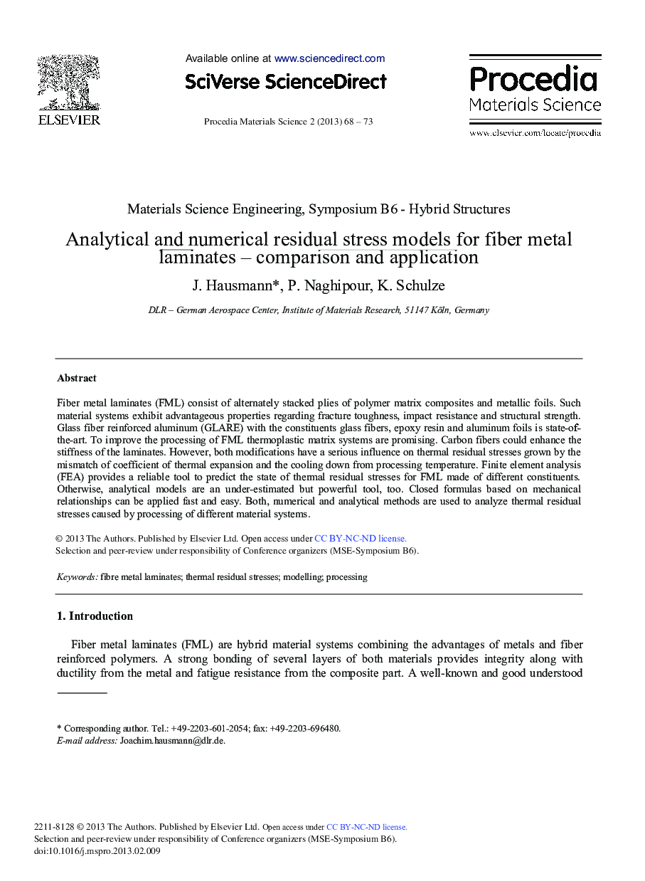 Analytical and Numerical Residual Stress Models for Fiber Metal Laminates – Comparison and Application 