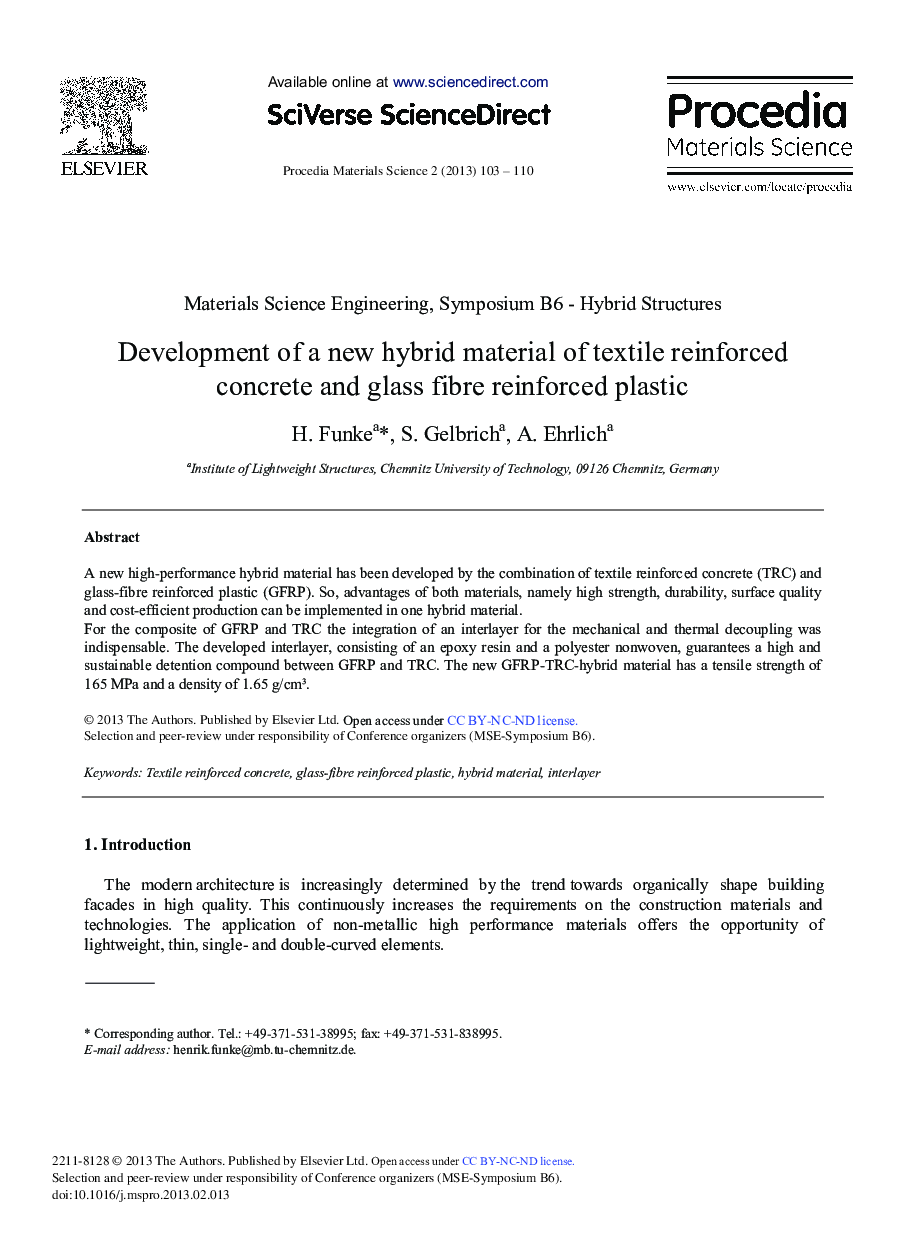Development of a New Hybrid Material of Textile Reinforced Concrete and Glass Fibre Reinforced Plastic 