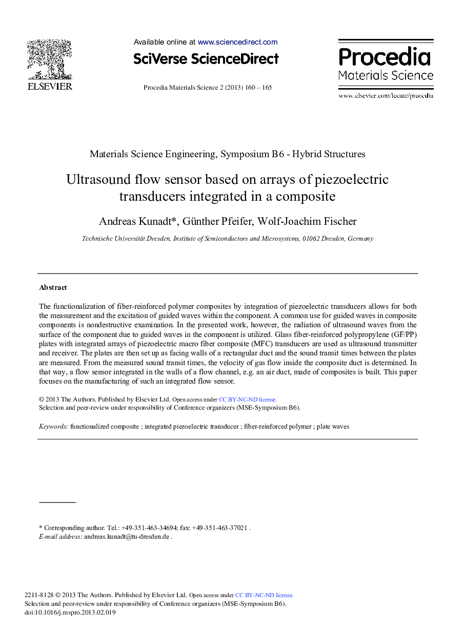 Ultrasound Flow Sensor Based on Arrays of Piezoelectric Transducers Integrated in a Composite 