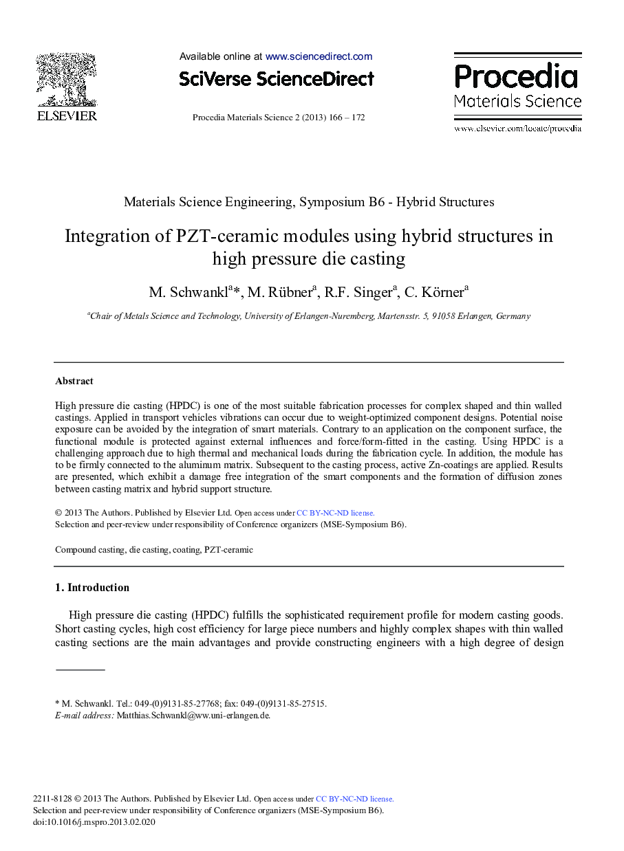 Integration of PZT-Ceramic Modules using Hybrid Structures in High Pressure Die Casting 