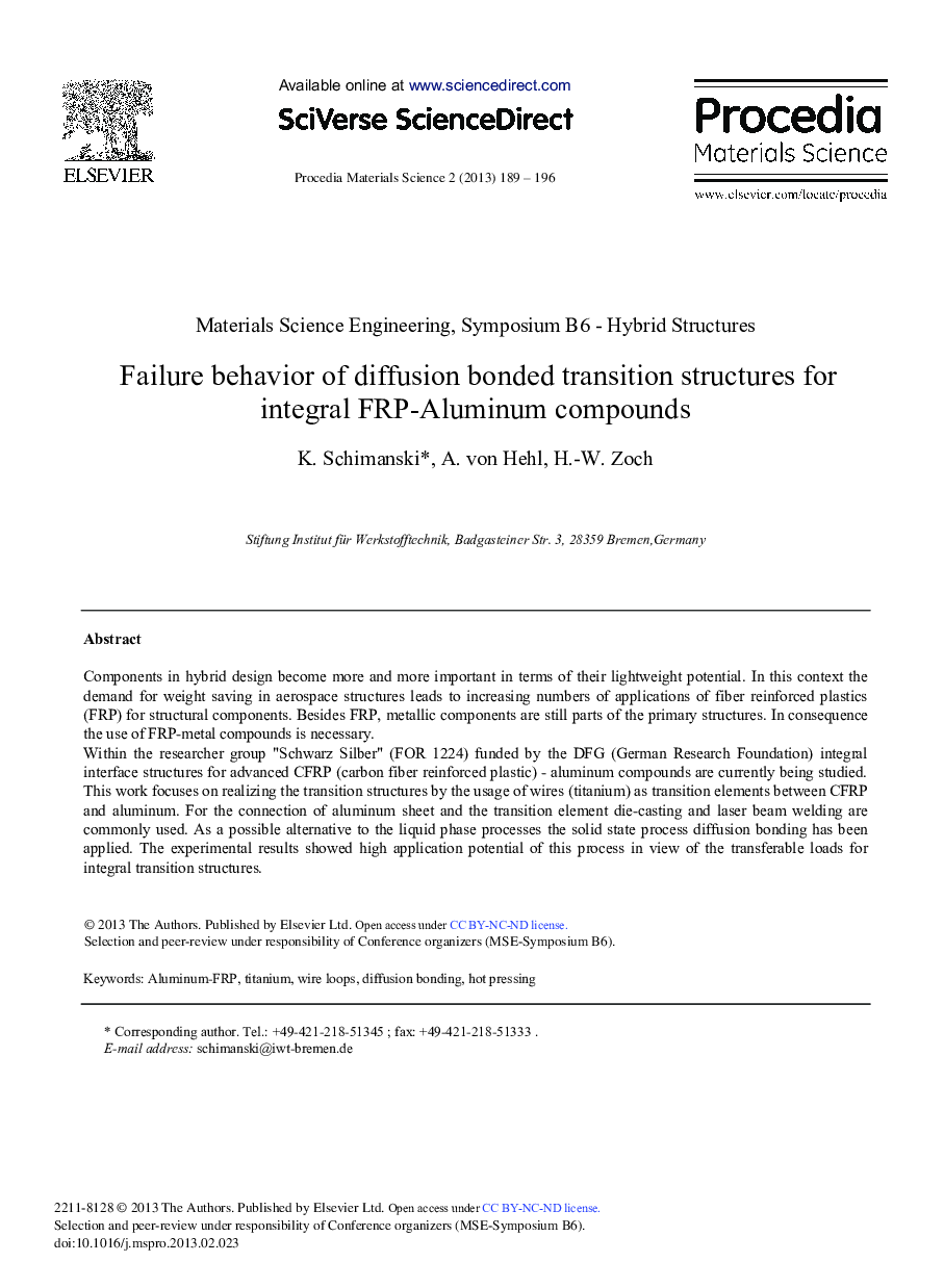 Failure Behavior of Diffusion Bonded Transition Structures for Integral FRP-Aluminum Compounds 