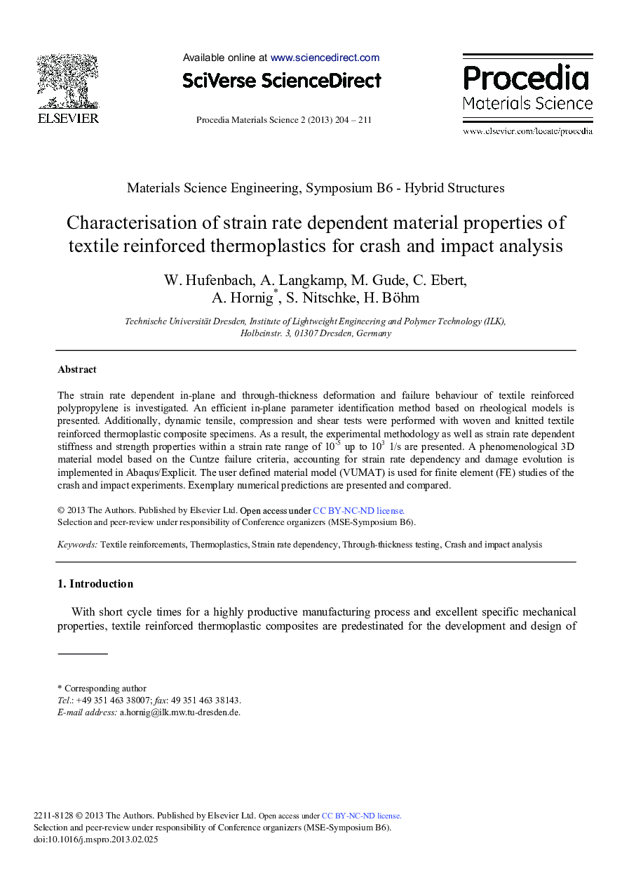 Characterisation of Strain rate Dependent Material Properties of Textile Reinforced Thermoplastics for Crash and Impact Analysis 