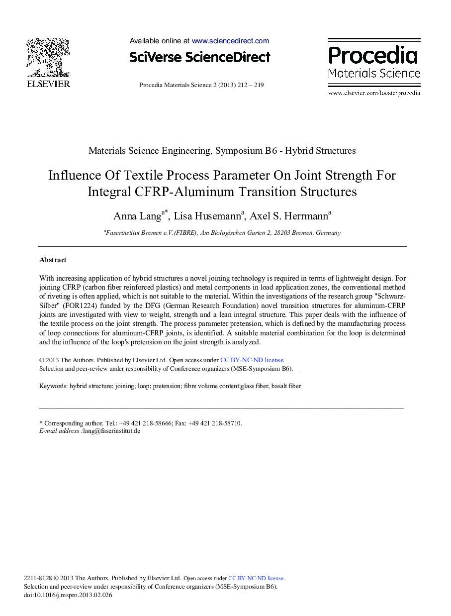 Influence Of Textile Process Parameter On Joint Strength For Integral CFRP-Aluminum Transition Structures 
