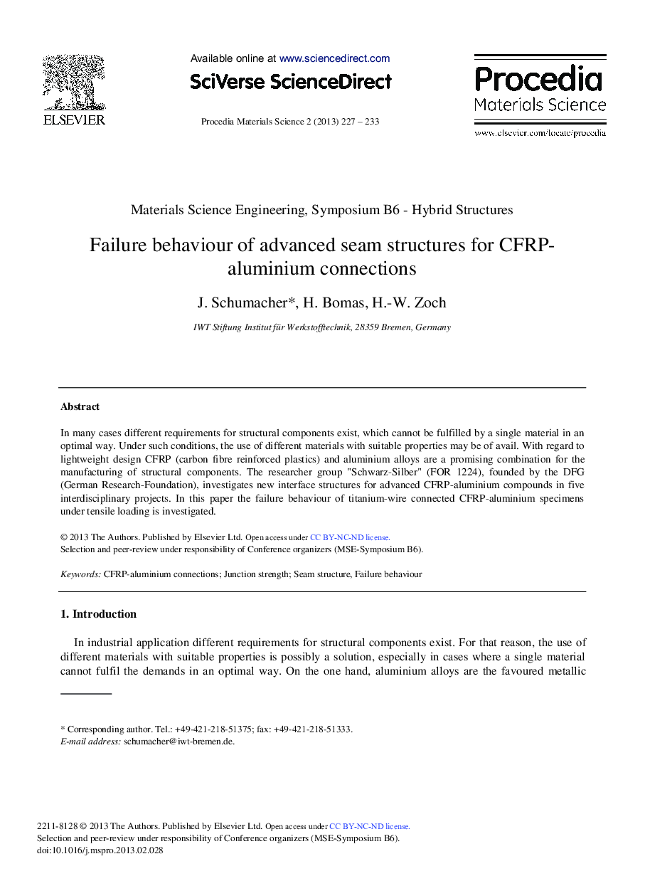 Failure Behaviour of Advanced Seam Structures for CFRP- Aluminium Connections 