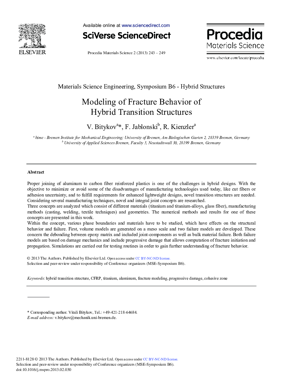 Modeling of Fracture Behavior of Hybrid Transition Structures 