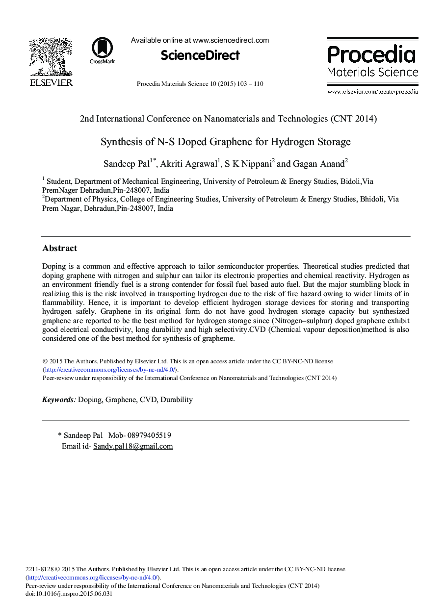 عکس صفحه اول مقاله: Synthesis of N-S Doped Graphene for Hydrogen Storage Synthesis of N-S Doped Graphene for Hydrogen Storage