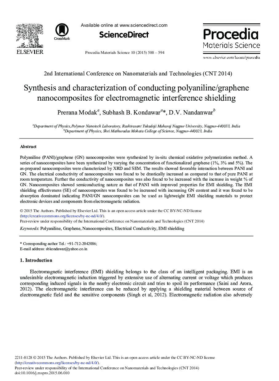 Synthesis and Characterization of Conducting Polyaniline/Graphene Nanocomposites for Electromagnetic Interference Shielding 