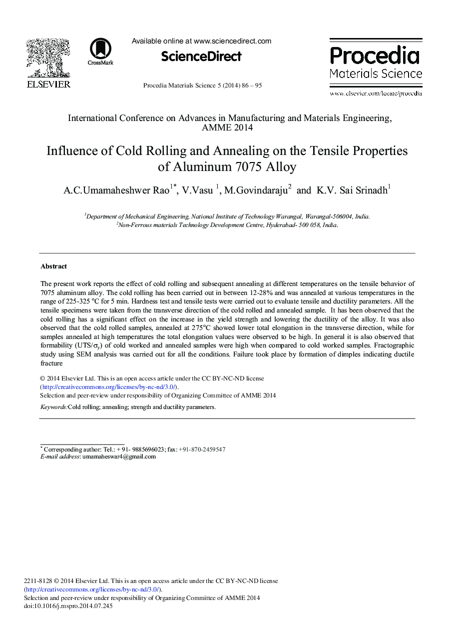 Influence of Cold Rolling and Annealing on the Tensile Properties of Aluminum 7075 Alloy 