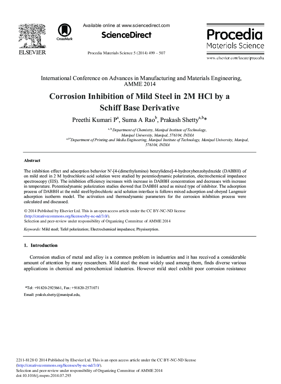 Corrosion Inhibition of Mild Steel in 2M HCl by a Schiff Base Derivative