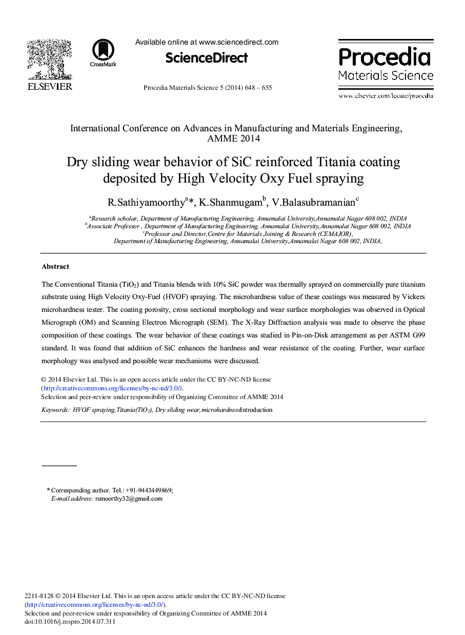 Dry Sliding Wear Behavior of SiC Reinforced Titania Coating Deposited by High Velocity Oxy Fuel Spraying