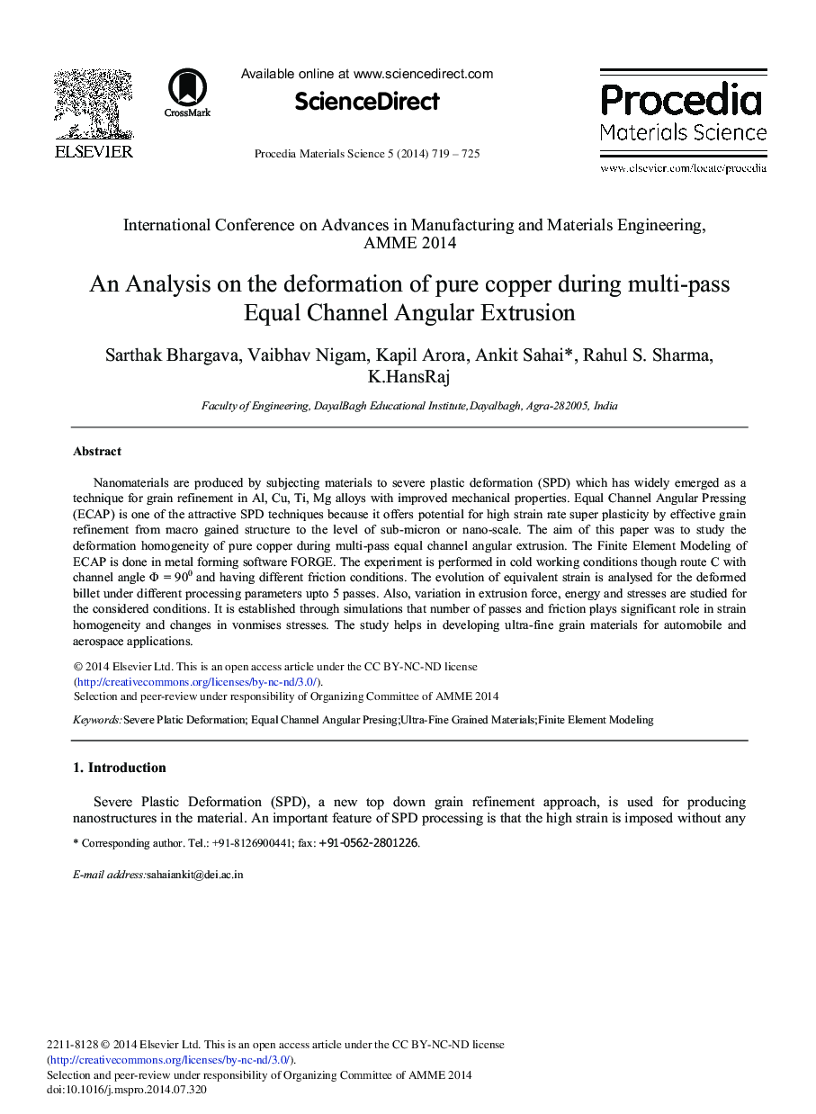 An Analysis on the Deformation of Pure Copper during Multi-pass Equal Channel Angular Extrusion 