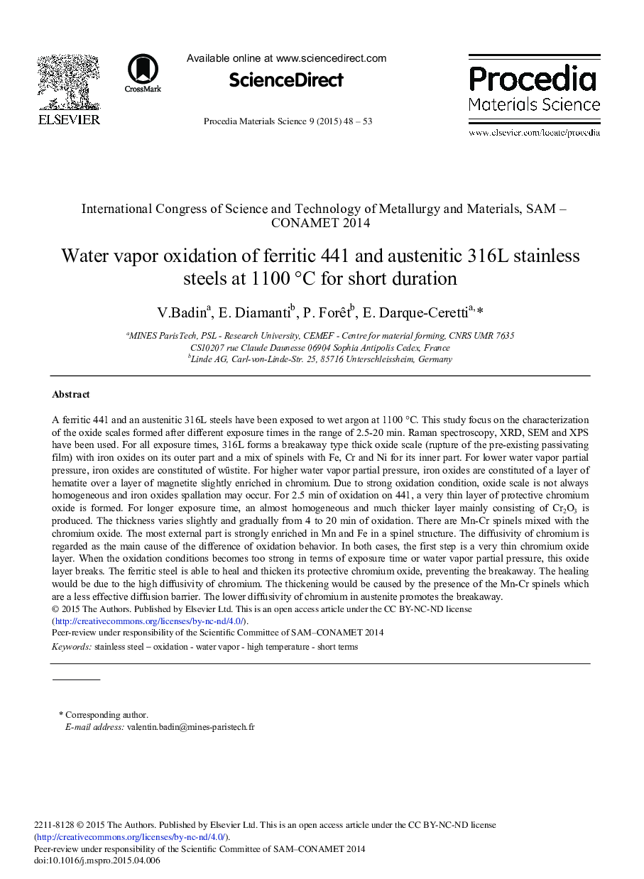 Water Vapor Oxidation of Ferritic 441 and Austenitic 316L Stainless Steels at 1100 °C for Short Duration 
