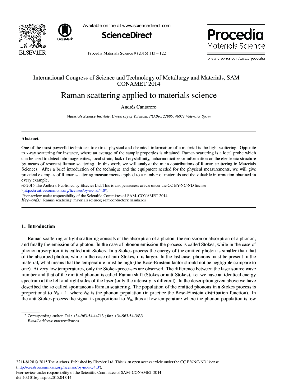 Raman Scattering Applied to Materials Science 