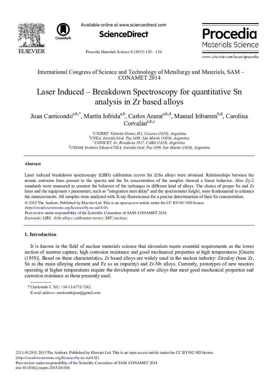 Laser Induced – Breakdown Spectroscopy for Quantitative Sn Analysis in Zr Based Alloys 