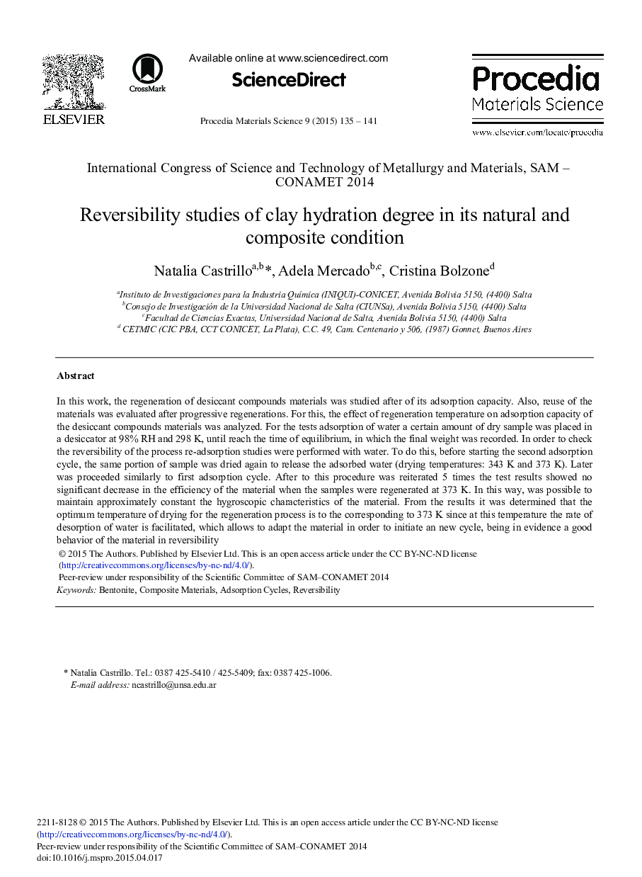Reversibility Studies of Clay Hydration Degree in its Natural and Composite Condition 