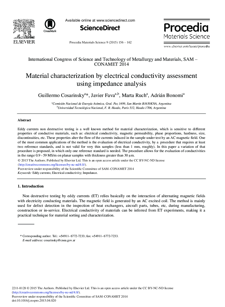 Material Characterization by Electrical Conductivity Assessment Using Impedance Analysis 