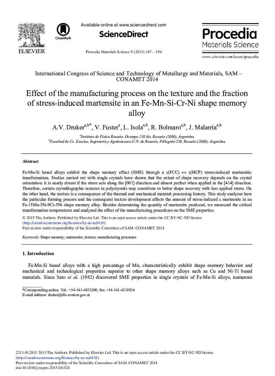 Effect of the Manufacturing Process on the Texture and the Fraction of Stress-induced Martensite in an Fe-Mn-Si-Cr-Ni Shape Memory Alloy 