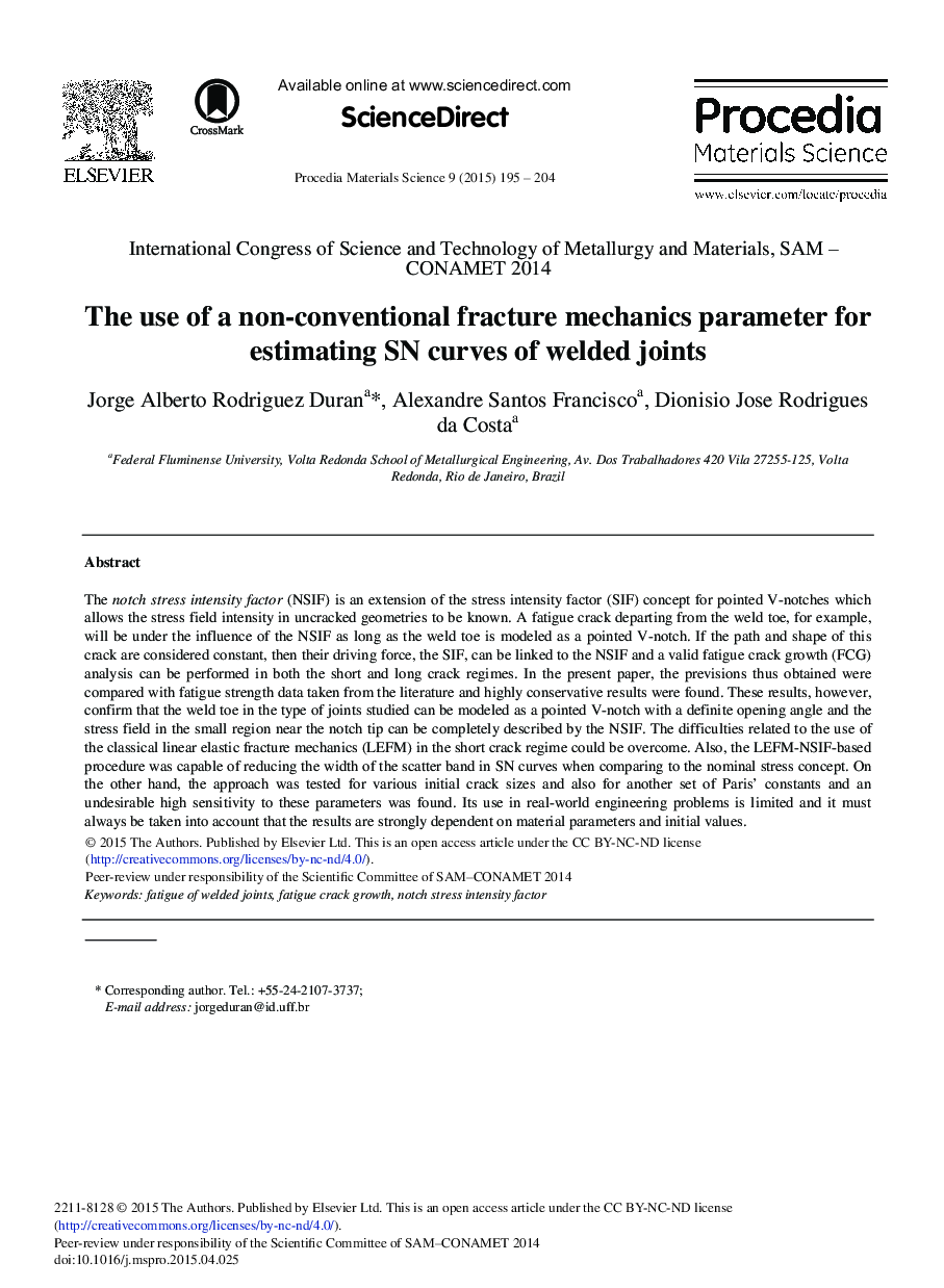 The Use of a Non-conventional Fracture Mechanics Parameter for Estimating SN Curves of Welded Joints 
