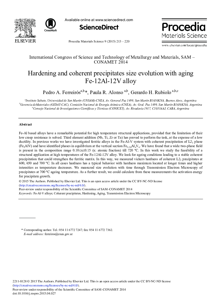 Hardening and Coherent Precipitates Size Evolution with Aging Fe-12Al-12 V Alloy 