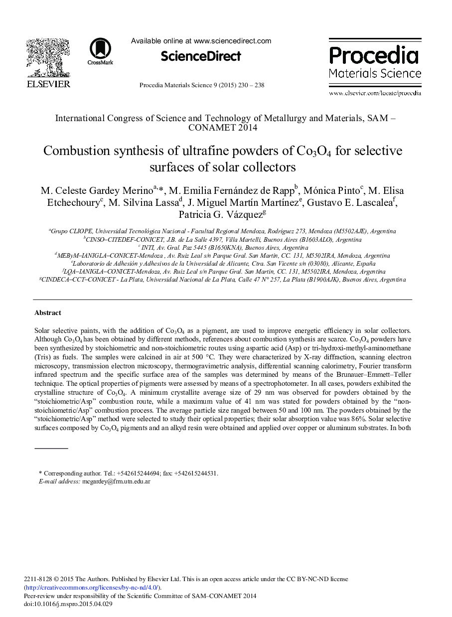 Combustion Synthesis of Ultrafine Powders of Co3O4 for Selective Surfaces of Solar Collectors 