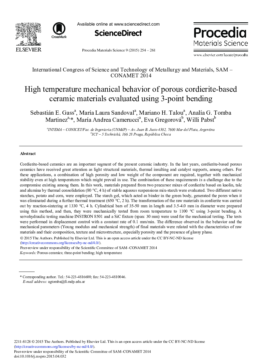 High Temperature Mechanical Behavior of Porous Cordierite-based Ceramic Materials Evaluated Using 3-point Bending 
