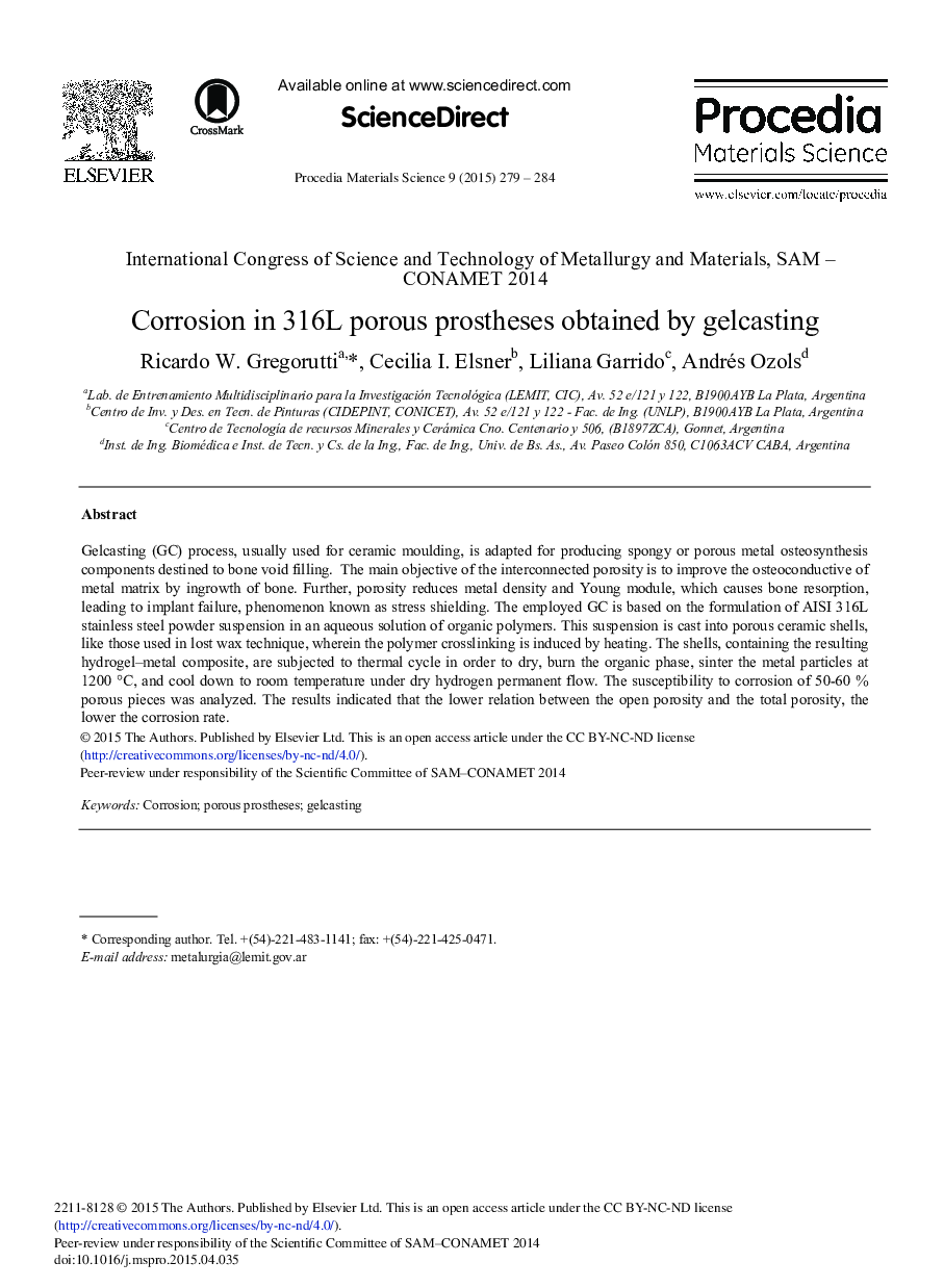 Corrosion in 316L Porous Prostheses Obtained by Gelcasting 