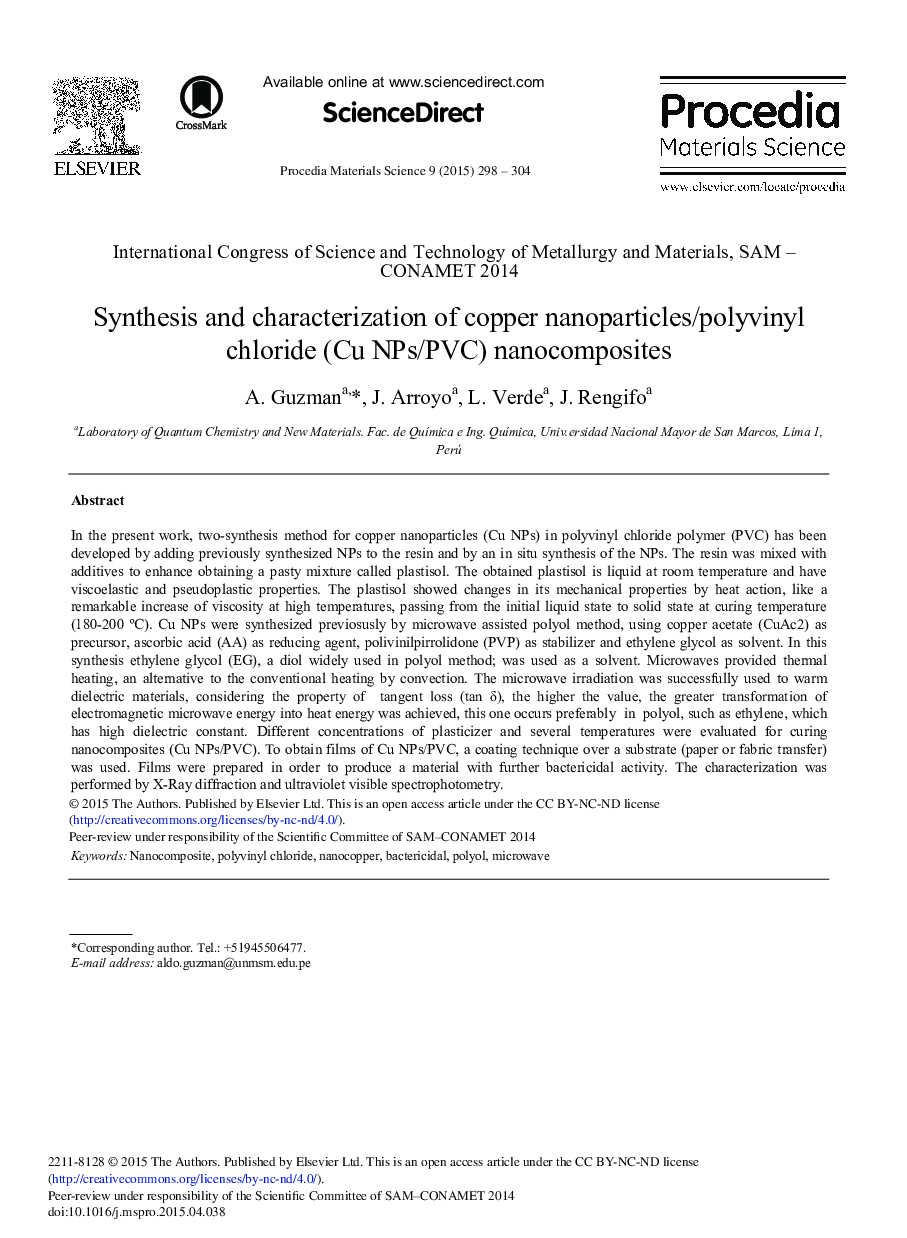 Synthesis and Characterization of Copper Nanoparticles/Polyvinyl Chloride (Cu NPs/PVC) Nanocomposites 
