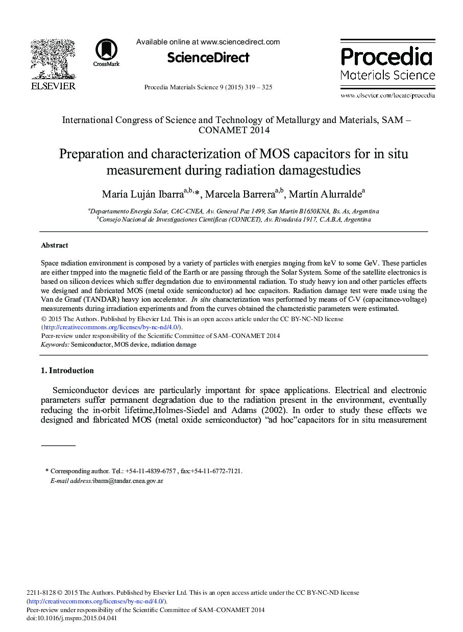 Preparation and Characterization of MOS Capacitors for in Situ Measurement during Radiation Damagestudies 