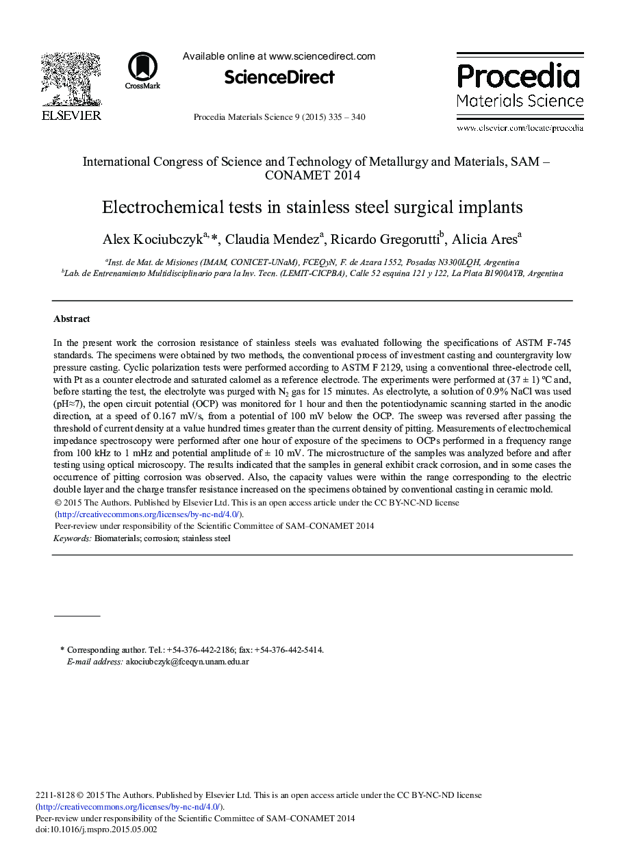 Electrochemical Tests in Stainless Steel Surgical Implants 
