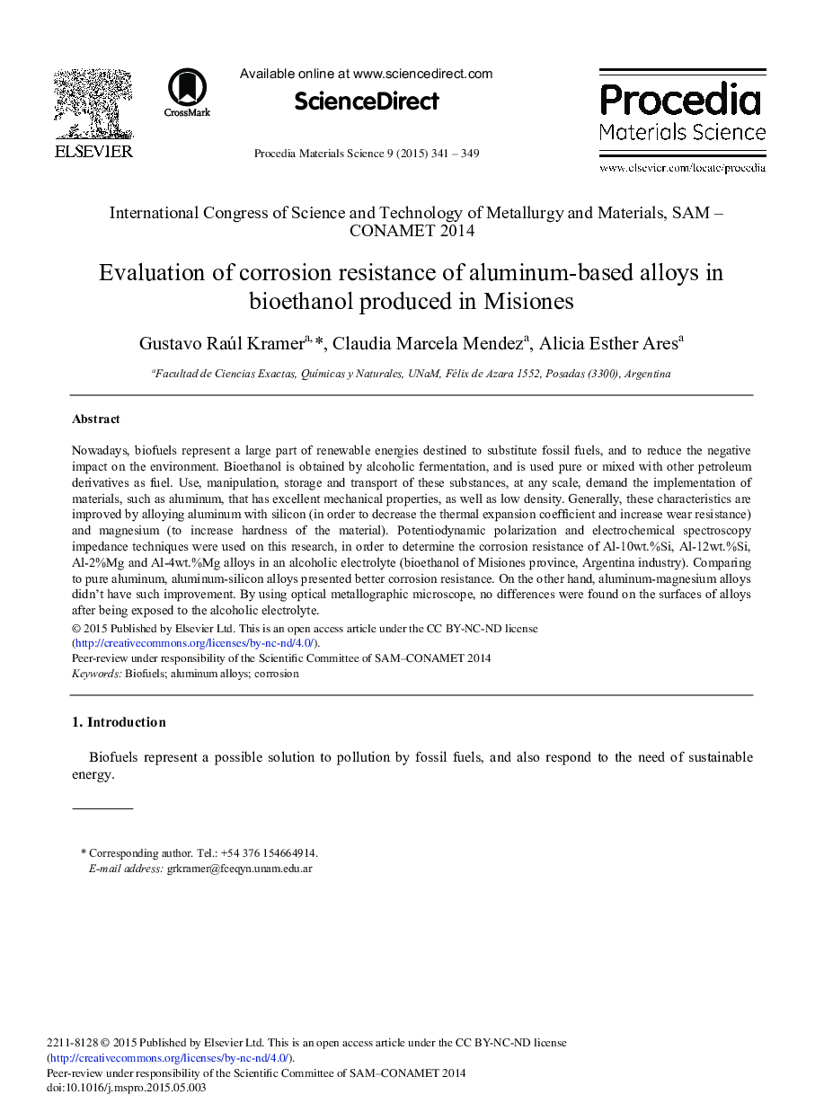 Evaluation of Corrosion Resistance of Aluminum-based Alloys in Bioethanol Produced in Misiones 