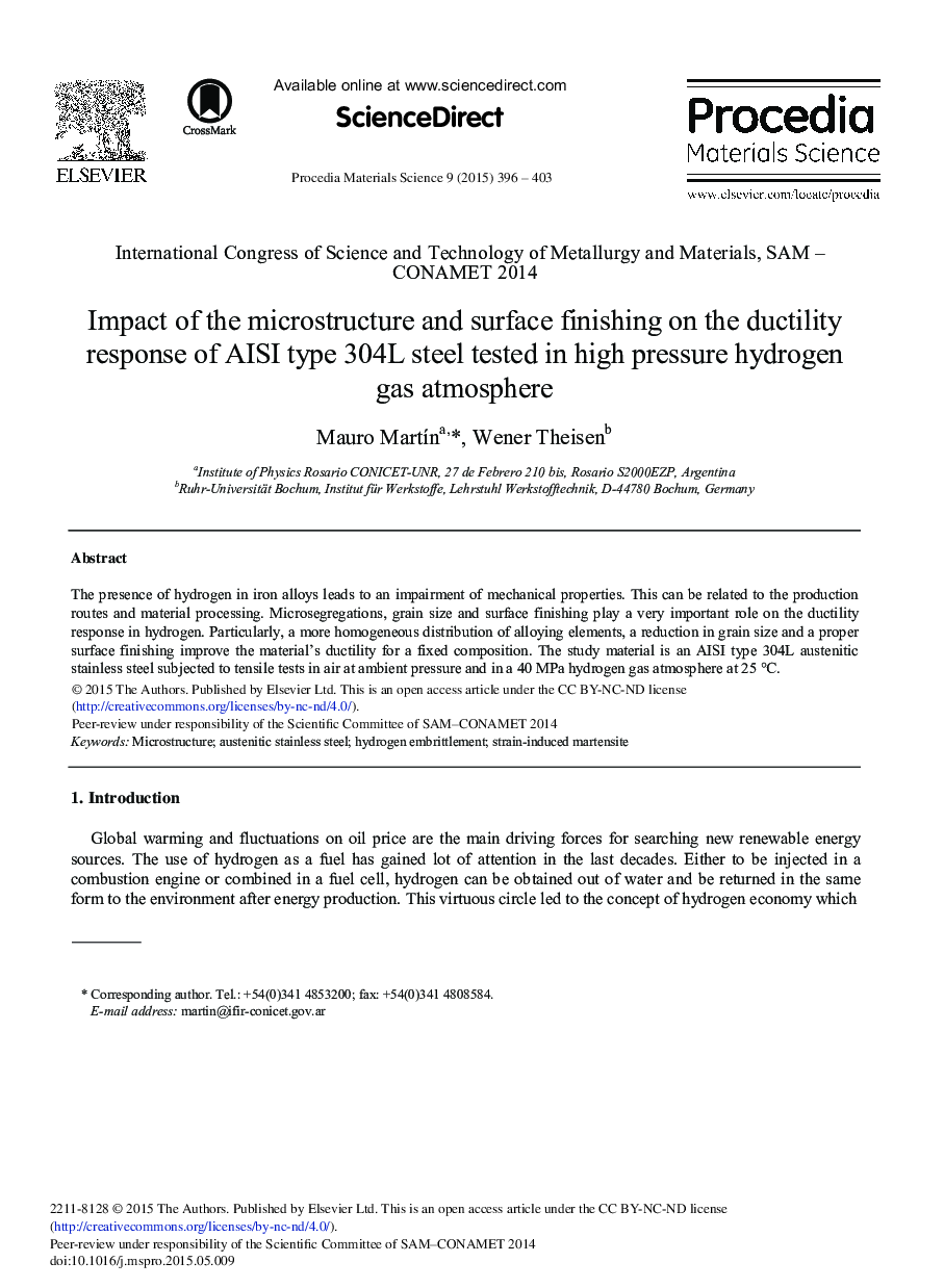 Impact of the Microstructure and Surface Finishing on the Ductility Response of AISI type 304L Steel Tested in High Pressure Hydrogen Gas Atmosphere 