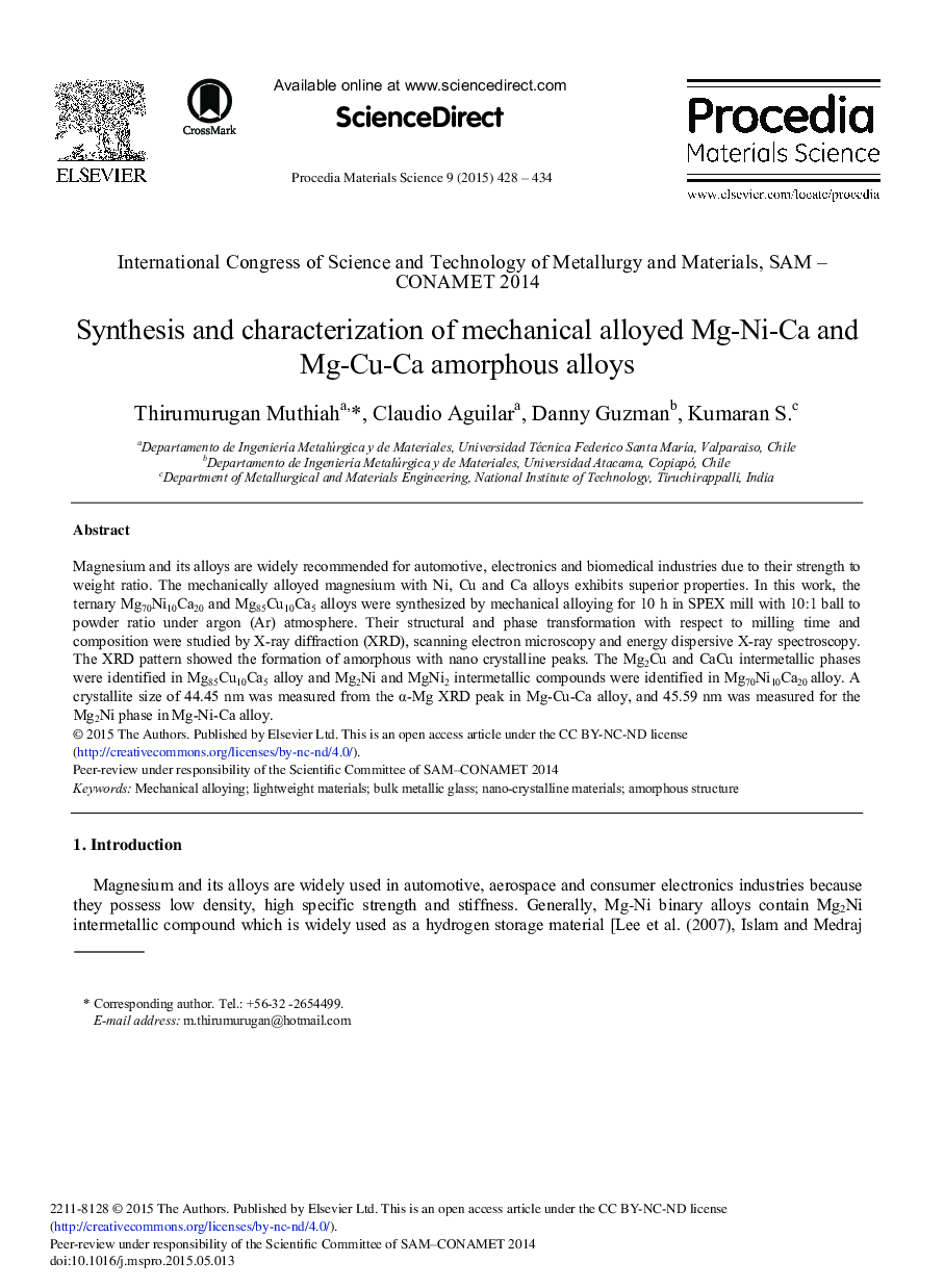 Synthesis and Characterization of Mechanical Alloyed Mg-Ni-Ca and Mg-Cu-Ca Amorphous Alloys 