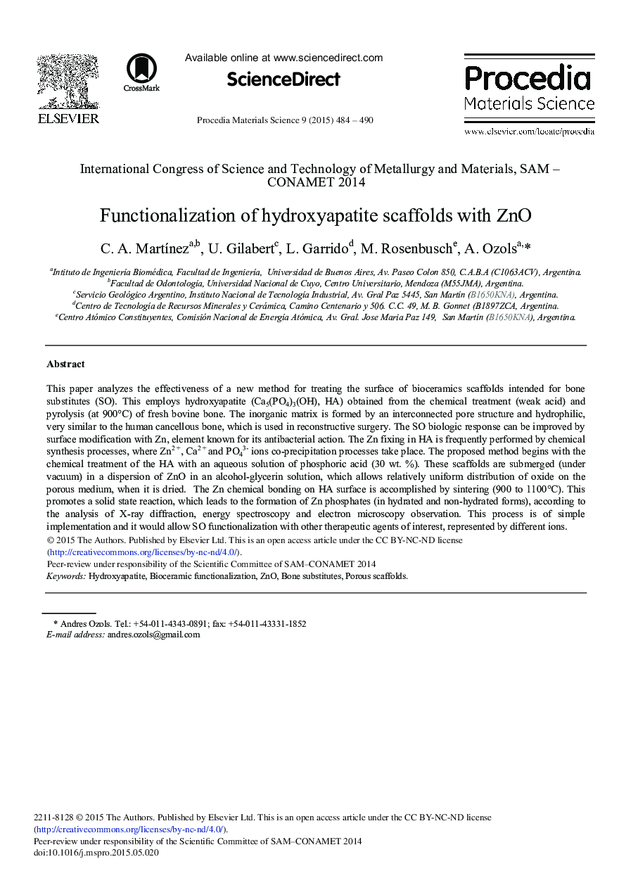 Functionalization of Hydroxyapatite Scaffolds with ZnO 