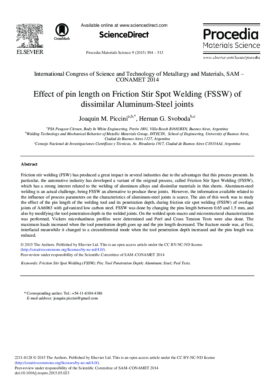 Effect of pin length on Friction Stir Spot Welding (FSSW) of dissimilar Aluminum-steel joints 