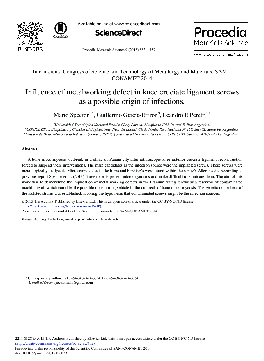 Influence of Metalworking Defect in Knee Cruciate Ligament Screws as a Possible Origin of Infections. 
