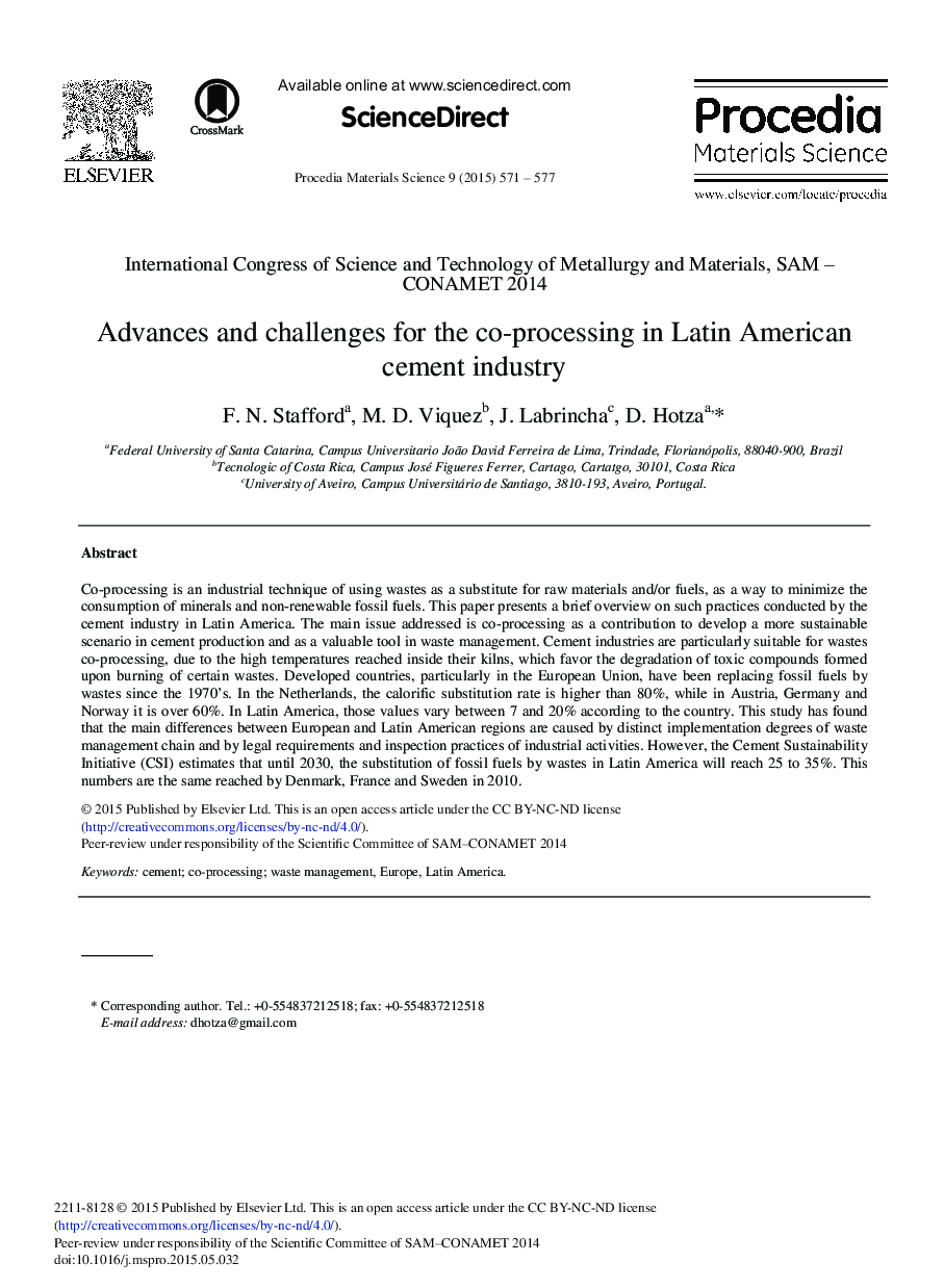 Advances and Challenges for the Co-processing in Latin American Cement Industry 