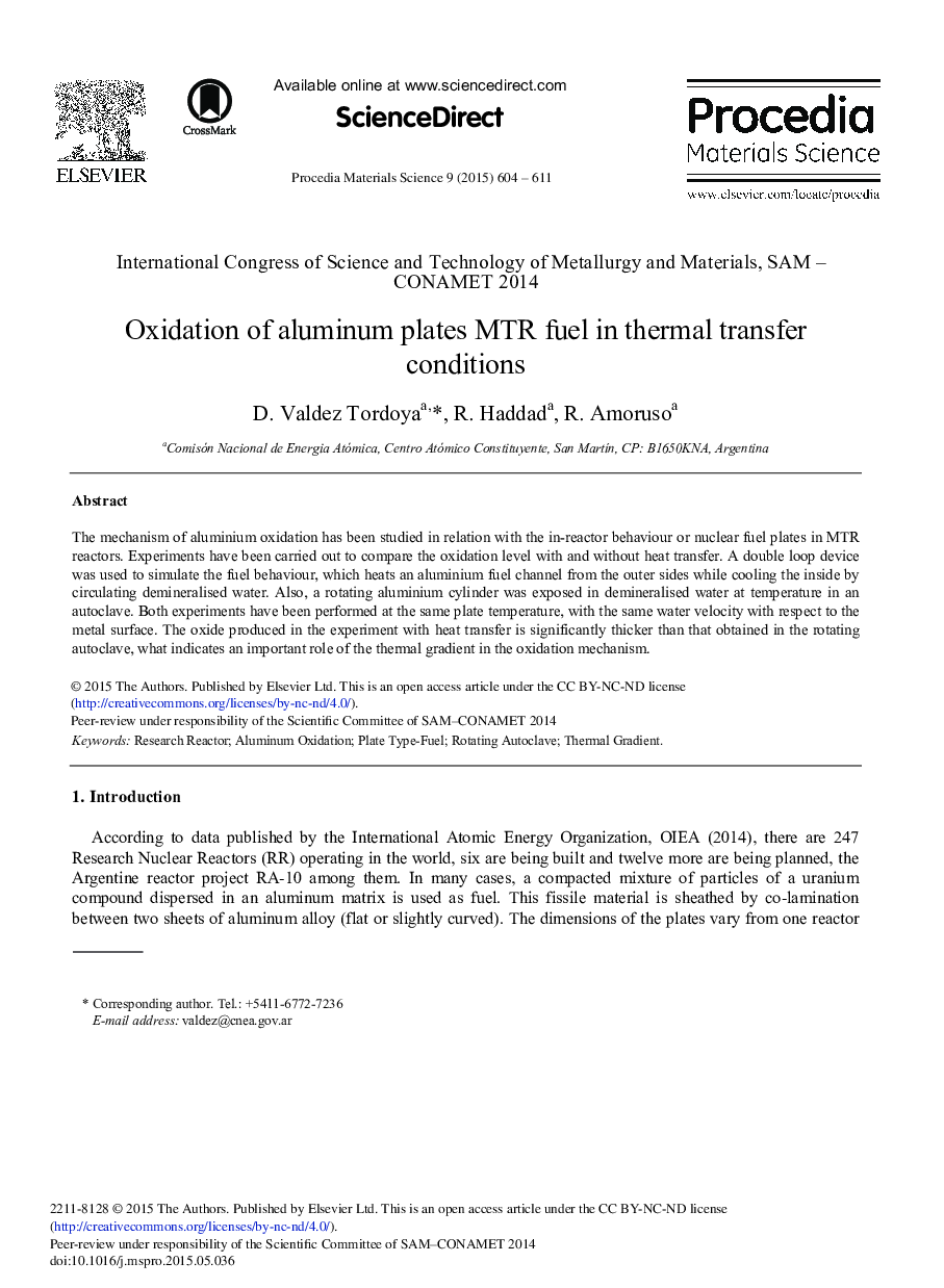 Oxidation of Aluminum Plates MTR Fuel in Thermal Transfer Conditions 