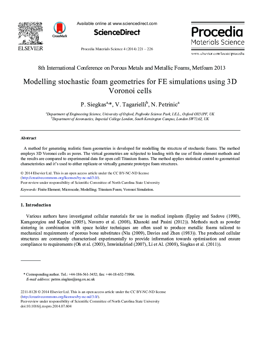 Modelling Stochastic Foam Geometries for FE Simulations Using 3D Voronoi Cells