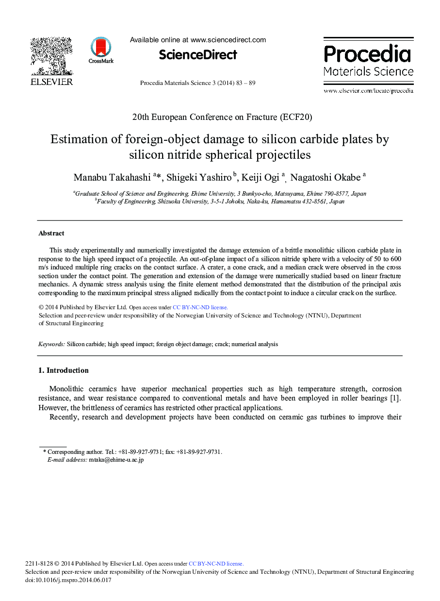 Estimation of Foreign-object Damage to Silicon Carbide Plates by Silicon Nitride Spherical Projectiles 