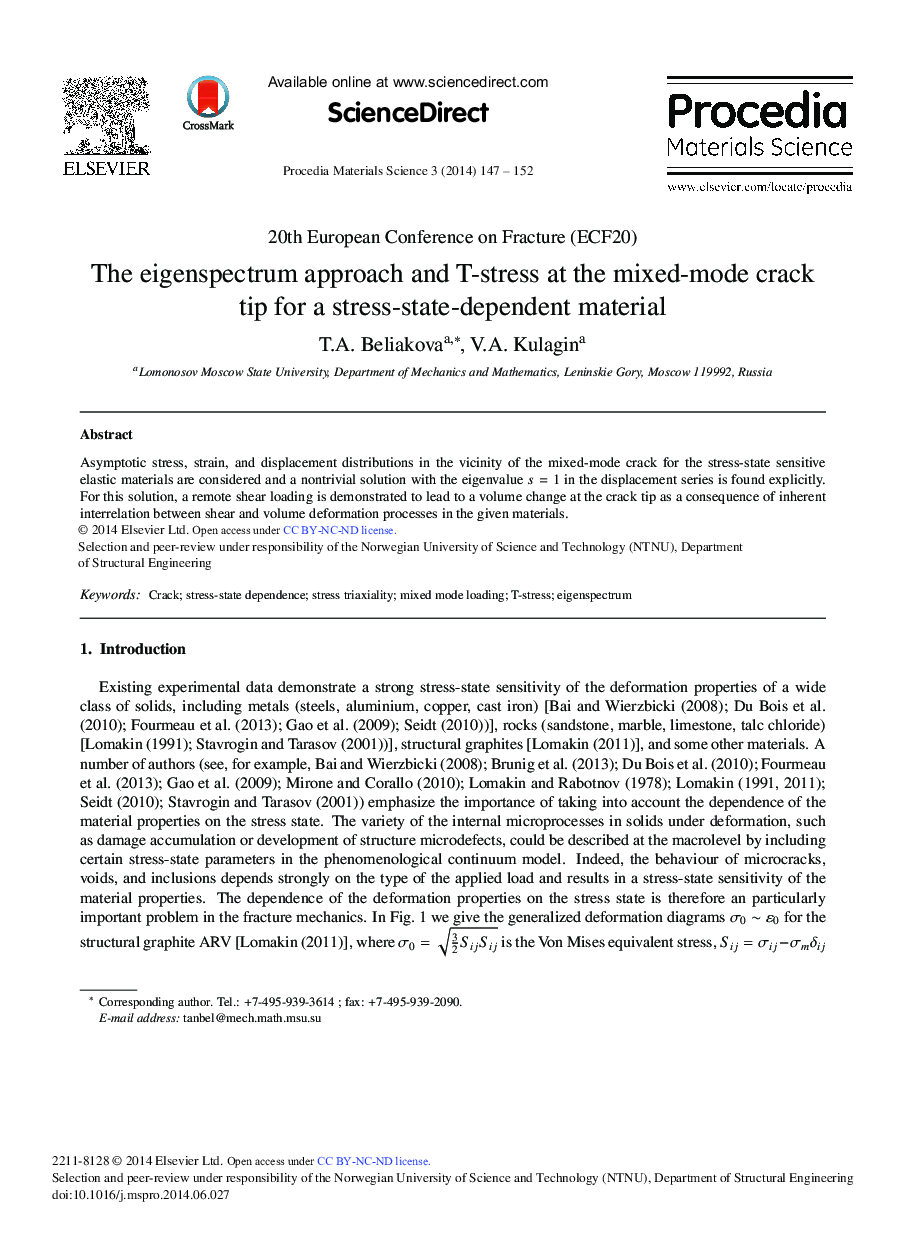 The Eigenspectrum Approach and T-stress at the Mixed-mode Crack Tip for a Stress-state-dependent Material 