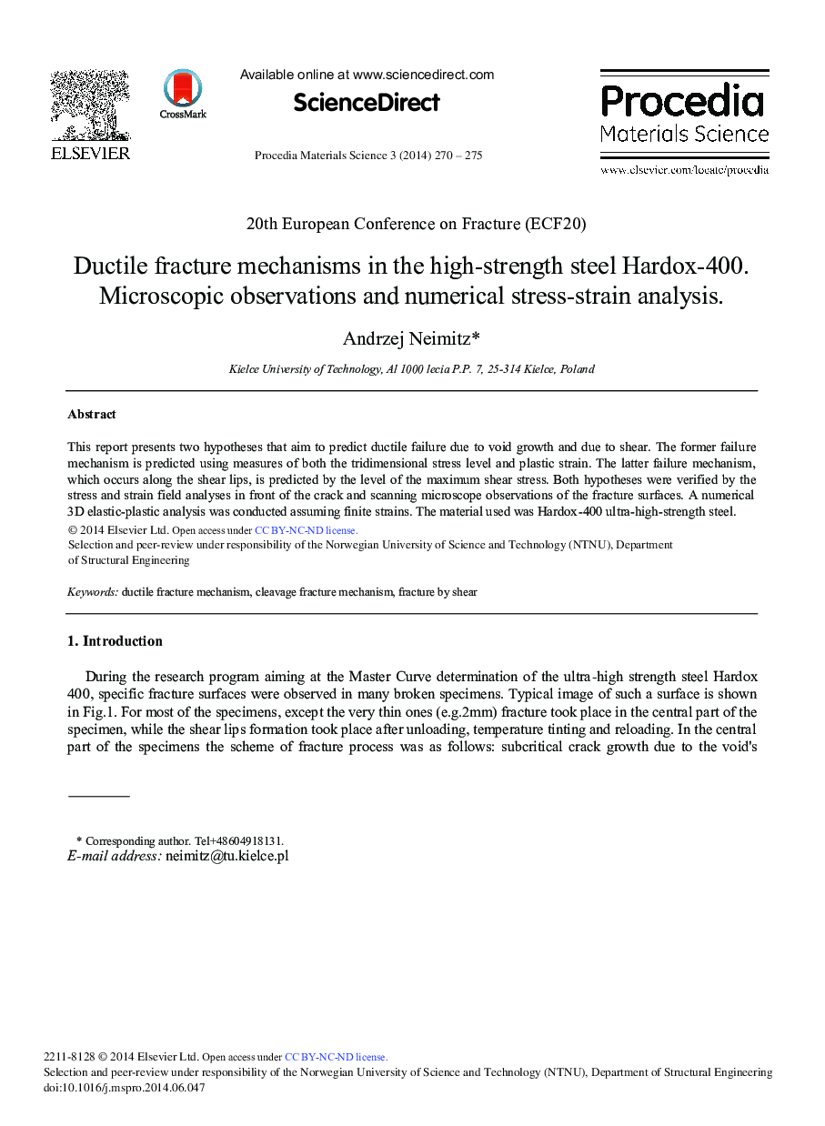 Ductile Fracture Mechanisms in the High-strength Steel Hardox-400. Microscopic Observations and Numerical Stress-strain Analysis. 