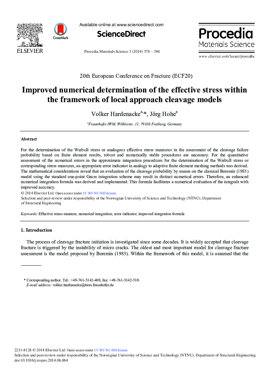 Improved Numerical Determination of the Effective Stress within the Framework of Local Approach Cleavage Models 