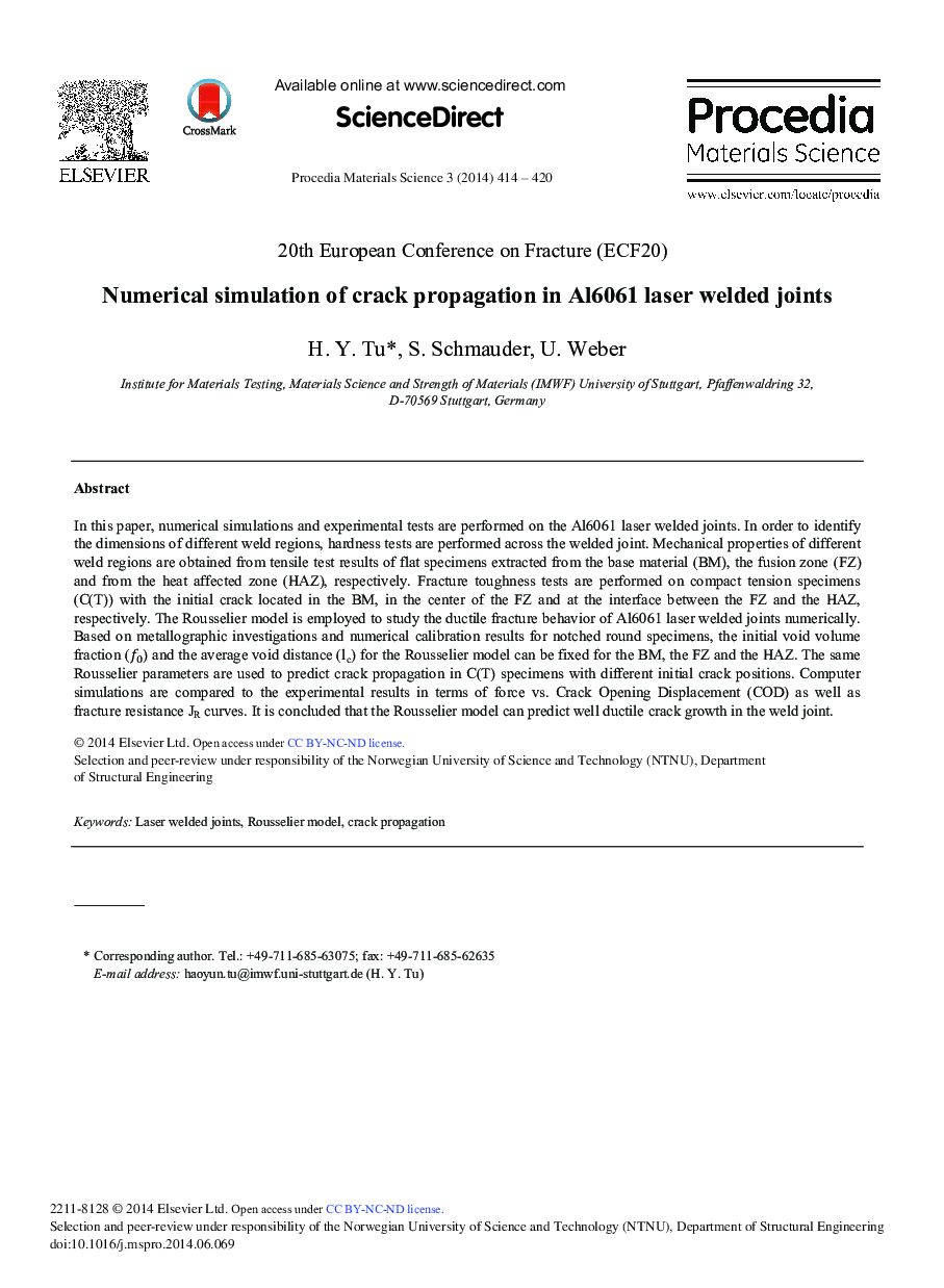 Numerical Simulation of Crack Propagation in Al6061 Laser Welded Joints 