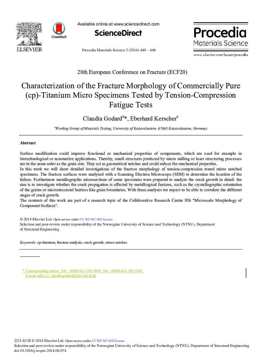 Characterization of the Fracture Morphology of Commercially Pure (cp)-Titanium Micro Specimens Tested by Tension-compression Fatigue Tests