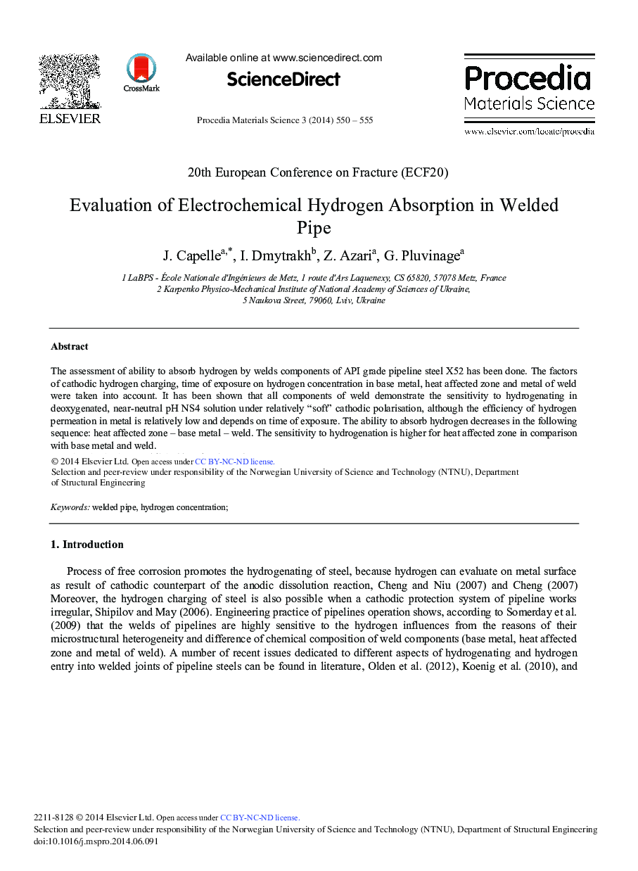 Evaluation of Electrochemical Hydrogen Absorption in Welded Pipe 