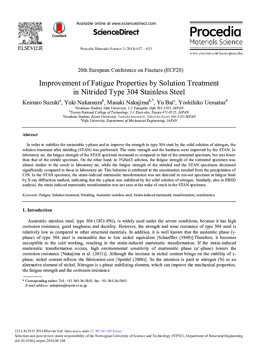 Improvement of Fatigue Properties by Solution Treatment in Nitrided Type 304 Stainless Steel 
