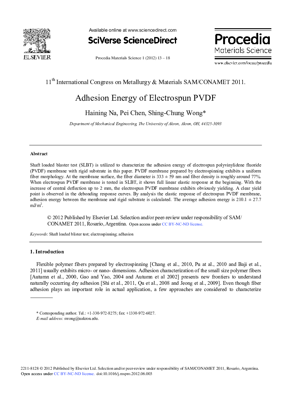 Adhesion Energy of Electrospun PVDF