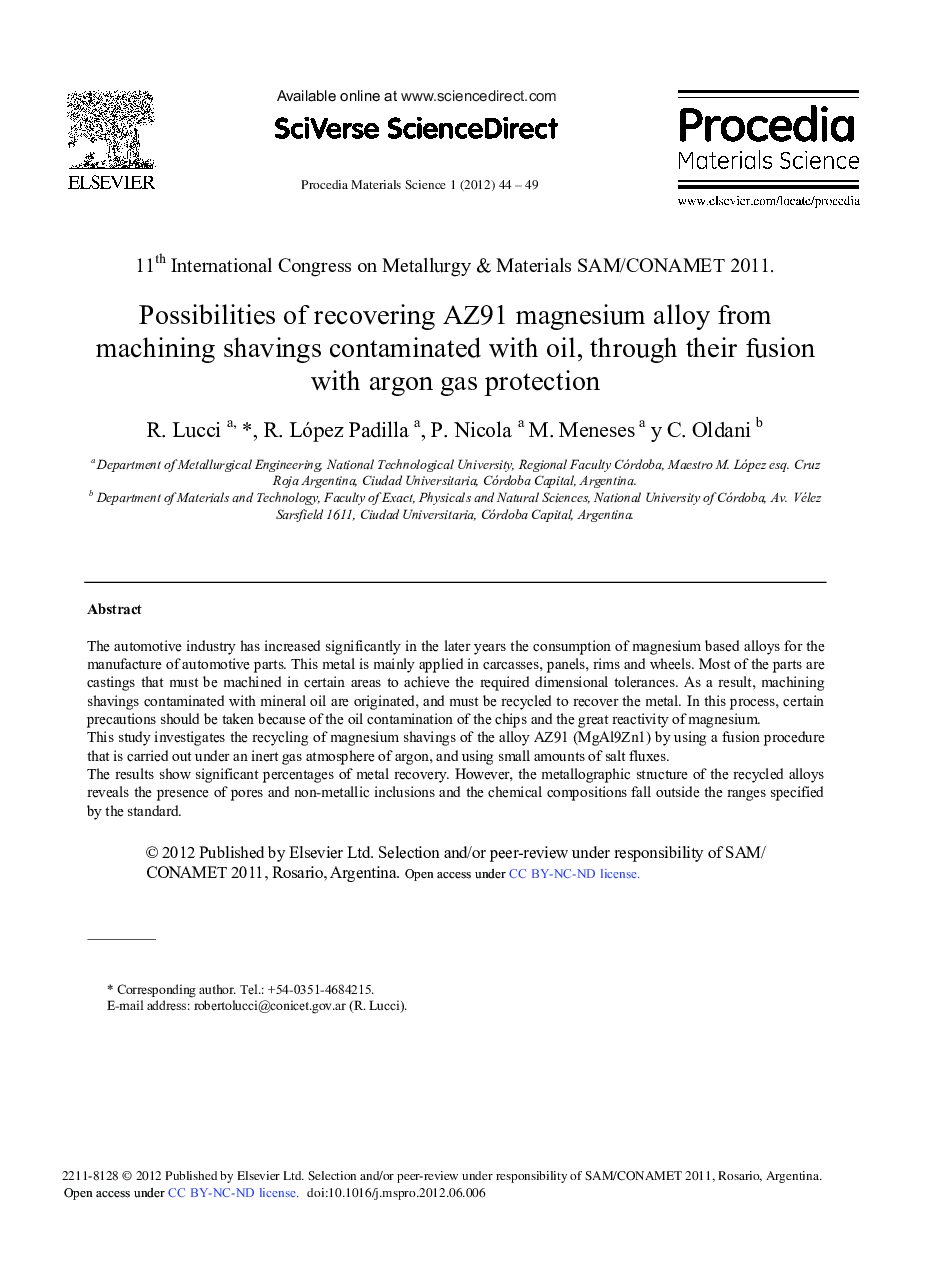 Possibilities of Recovering AZ91 Magnesium Alloy from Machining Shavings Contaminated with Oil, through their Fusion with Argon Gas Protection